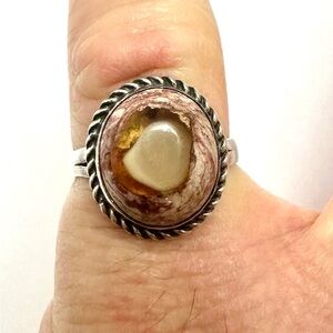 Vintage Boho Porcelain Jasper Ring Sterling Silver Rope Bezel Sz 8.5
